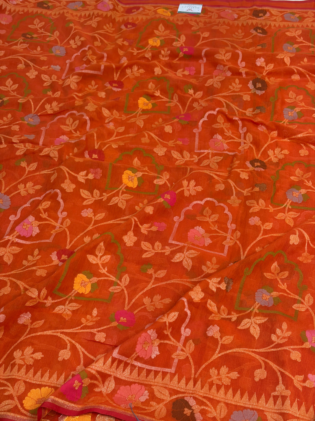 Orange Pure Banarasi Cotton Jamdani Saree