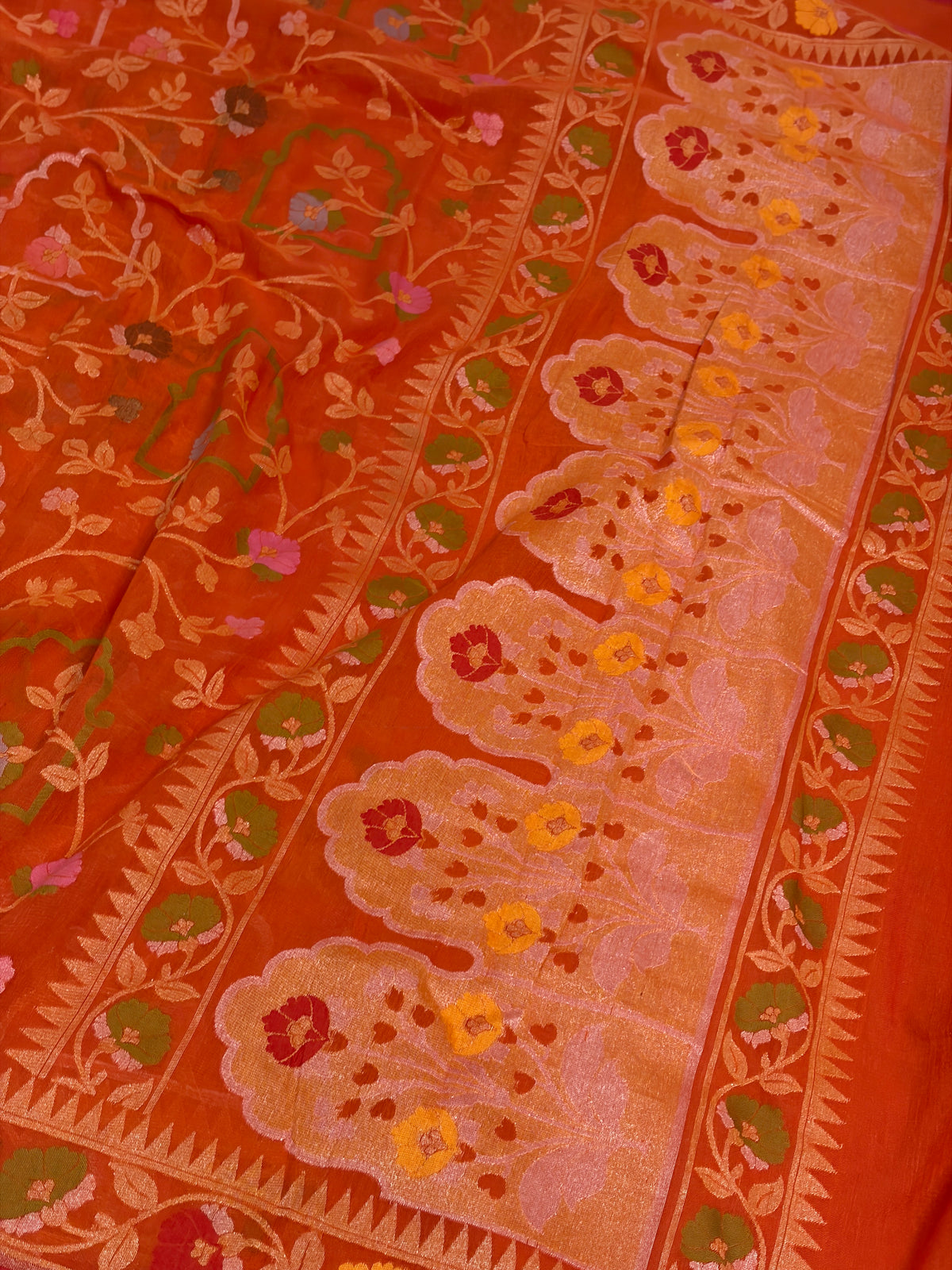 Orange Pure Banarasi Cotton Jamdani Saree