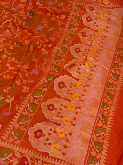 Orange Pure Banarasi Cotton Jamdani Saree