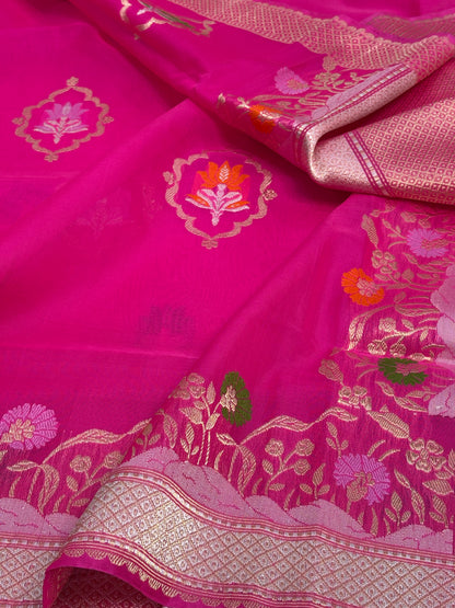 Pink Banarasi Kora Silk Saree Meenakari skirt weaving with a Katan silk border