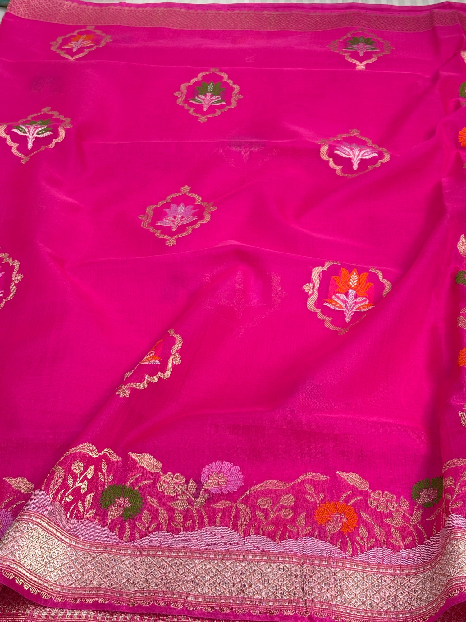 Pink Banarasi Kora Silk Saree Meenakari skirt weaving with a Katan silk border
