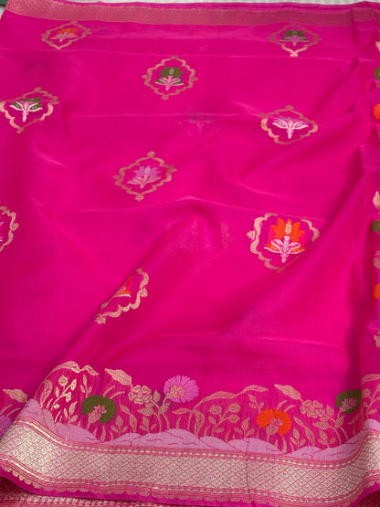 Pink Banarasi Kora Silk Saree Meenakari skirt weaving with a Katan silk border