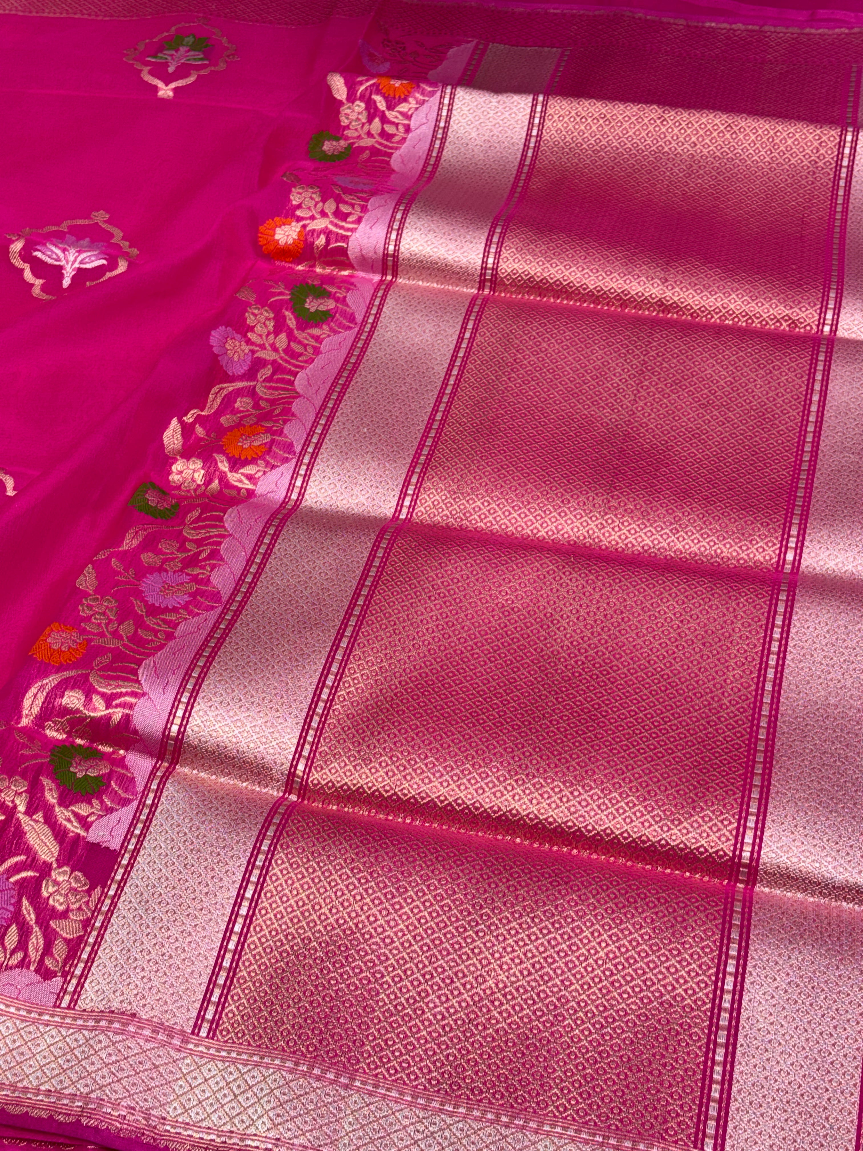 Pink Banarasi Kora Silk Saree Meenakari skirt weaving with a Katan silk border