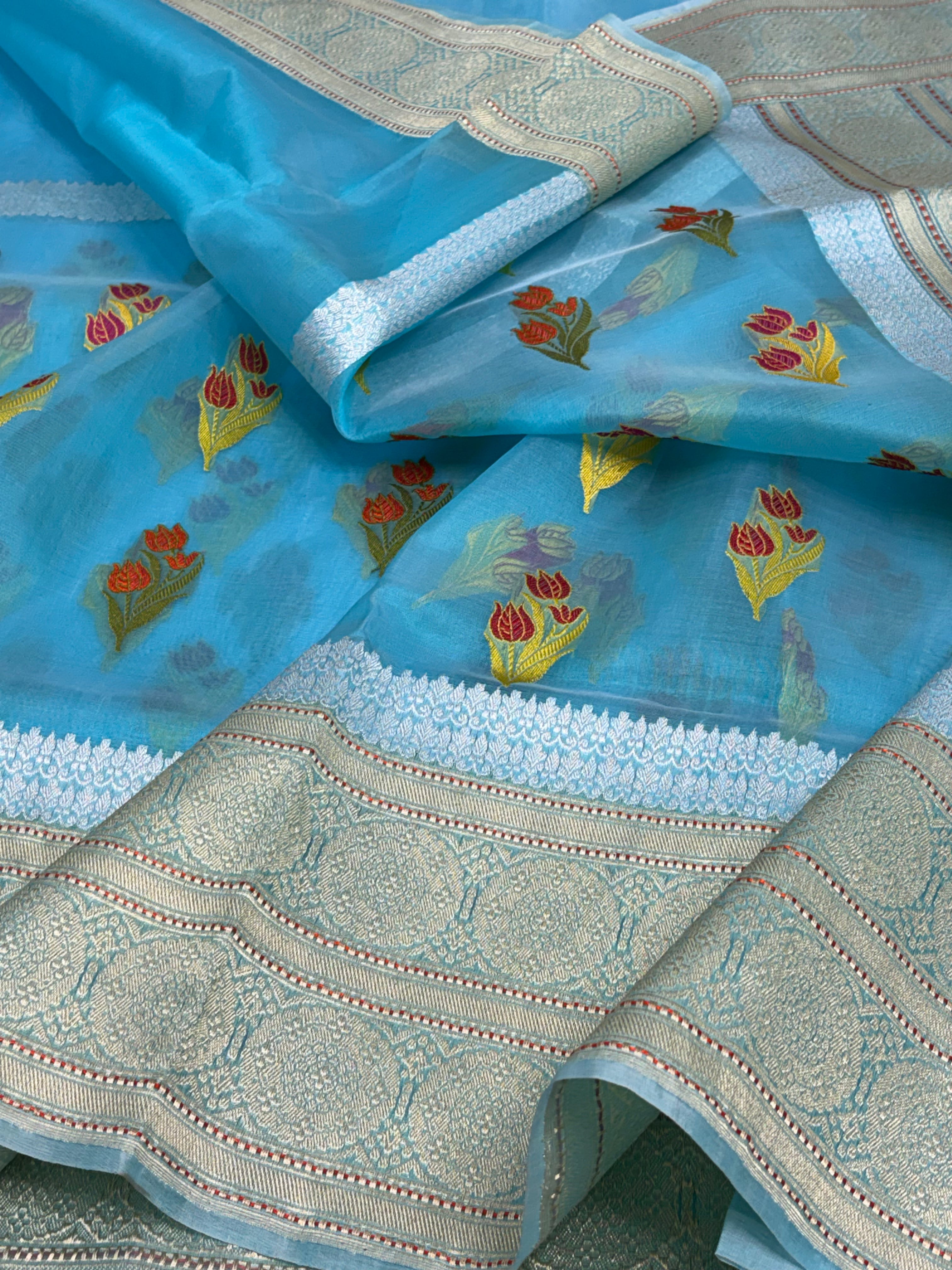 Sky Blue Kora Banarasi Handwoven Saree