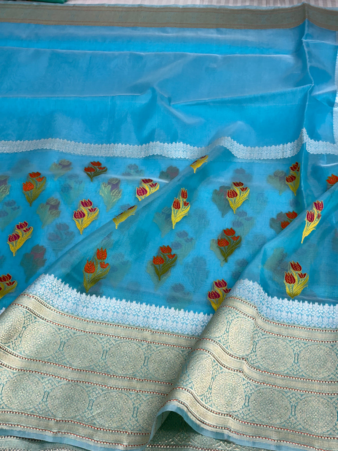 Sky Blue Kora Banarasi Handwoven Saree