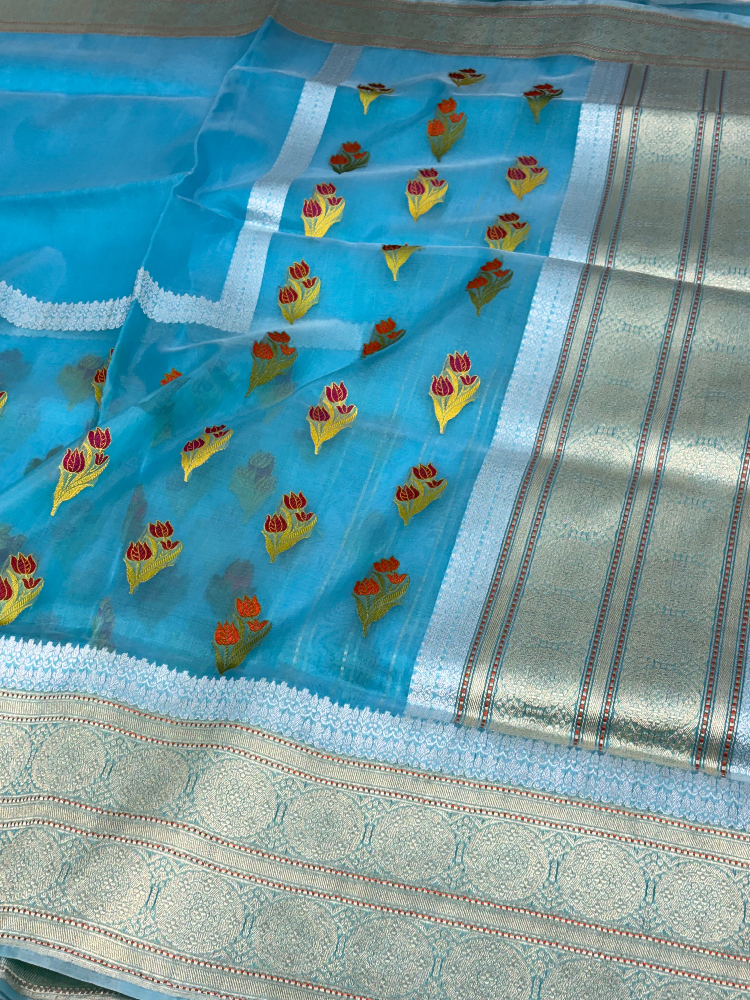 Sky Blue Kora Banarasi Handwoven Saree