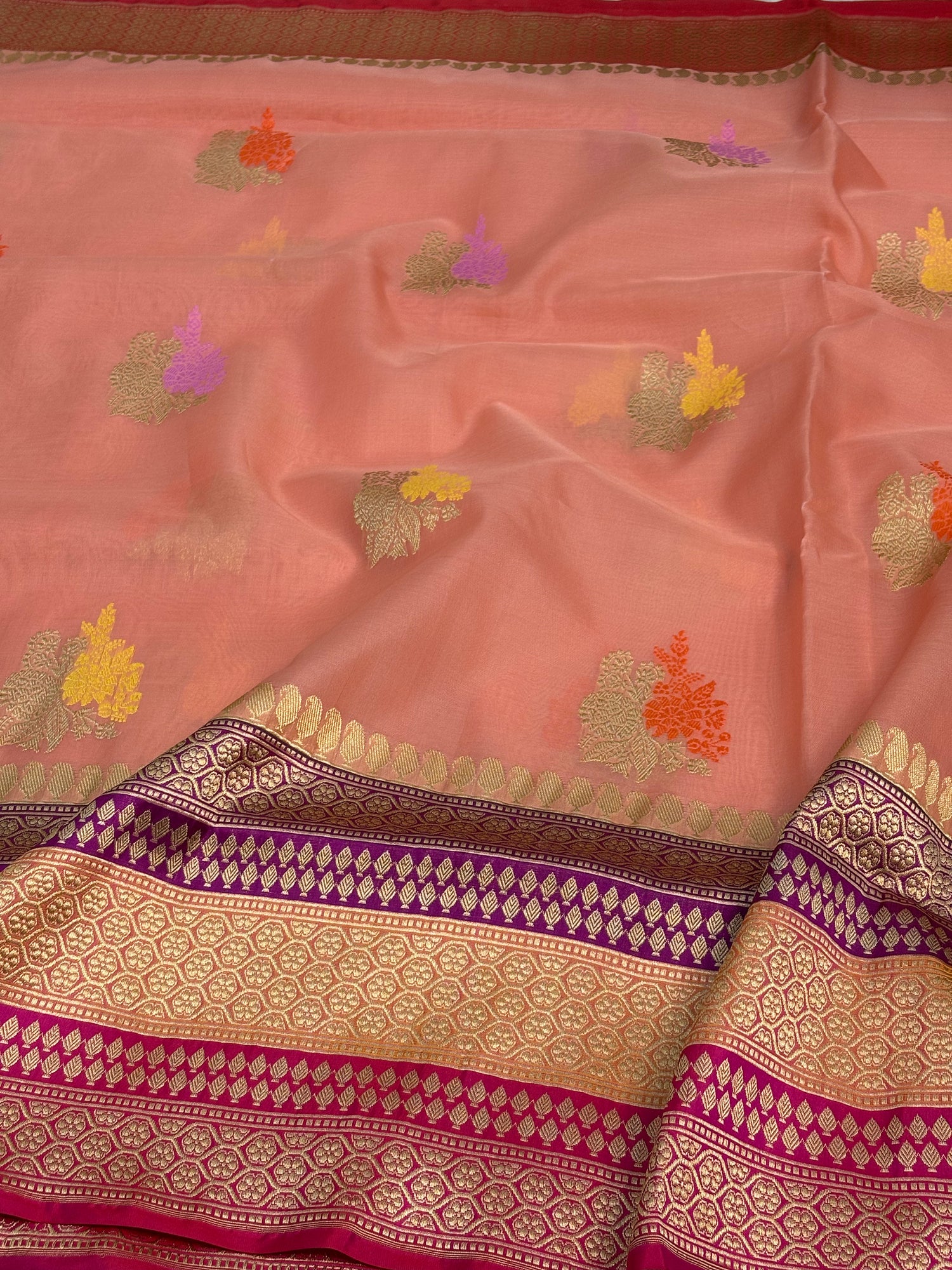 Baby Pink Kora Banarasi Kadhiyal Pure Katan Silk Border Saree