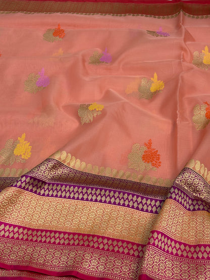 Baby Pink Kora Banarasi Kadhiyal Pure Katan Silk Border Saree