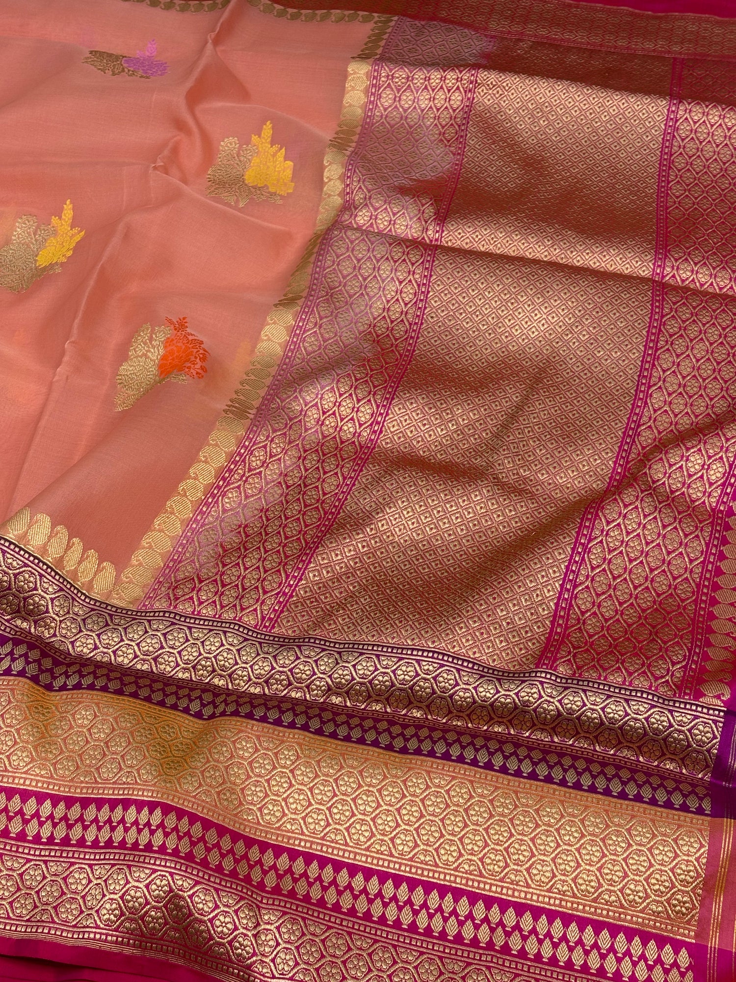 Baby Pink Kora Banarasi Kadhiyal Pure Katan Silk Border Saree