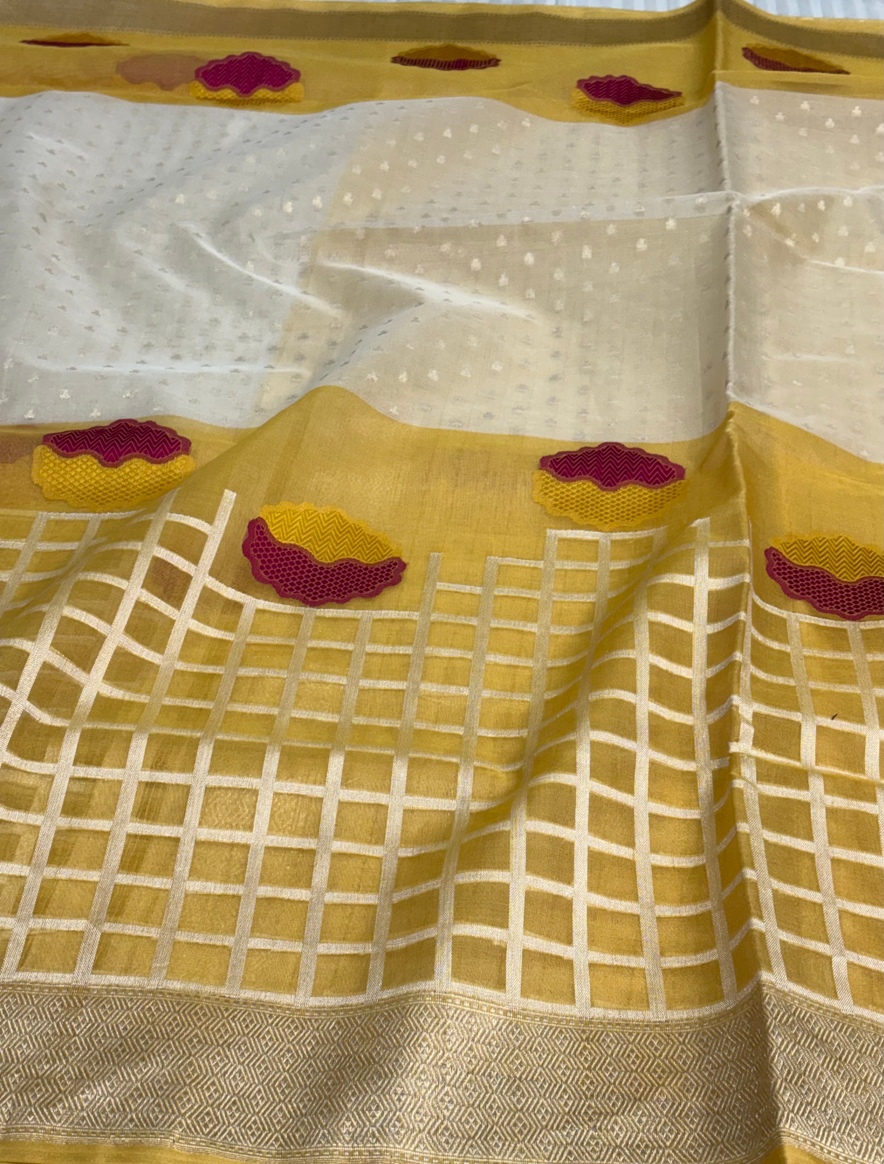 Ivory and Yellow Banarasi Pure Kora Silk Saree in Iktara Weaving