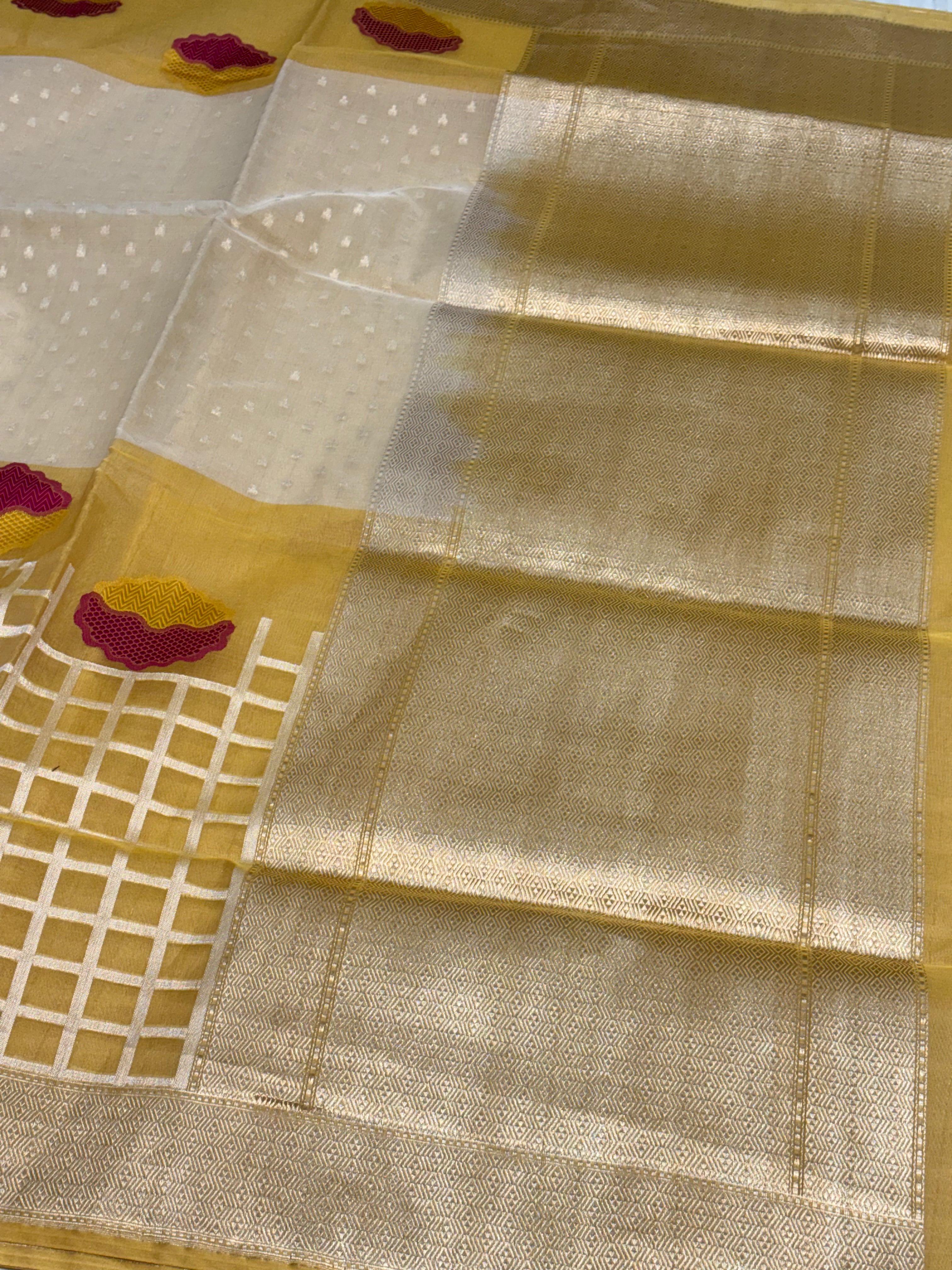Ivory and Yellow Banarasi Pure Kora Silk Saree in Iktara Weaving