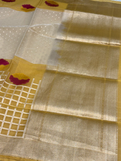 Ivory and Yellow Banarasi Pure Kora Silk Saree in Iktara Weaving