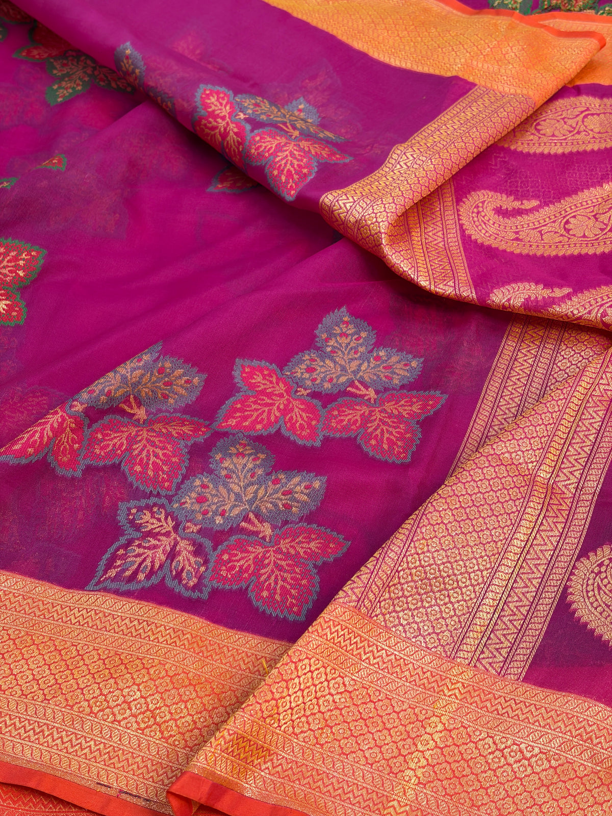 Rani Pink Pure Banarasi Kora Jamdani Saree