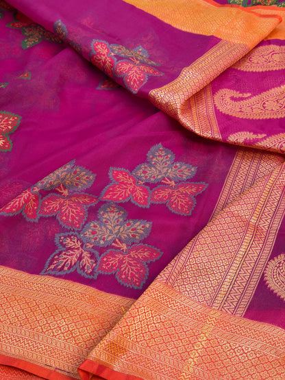 Rani Pink Pure Banarasi Kora Jamdani Saree