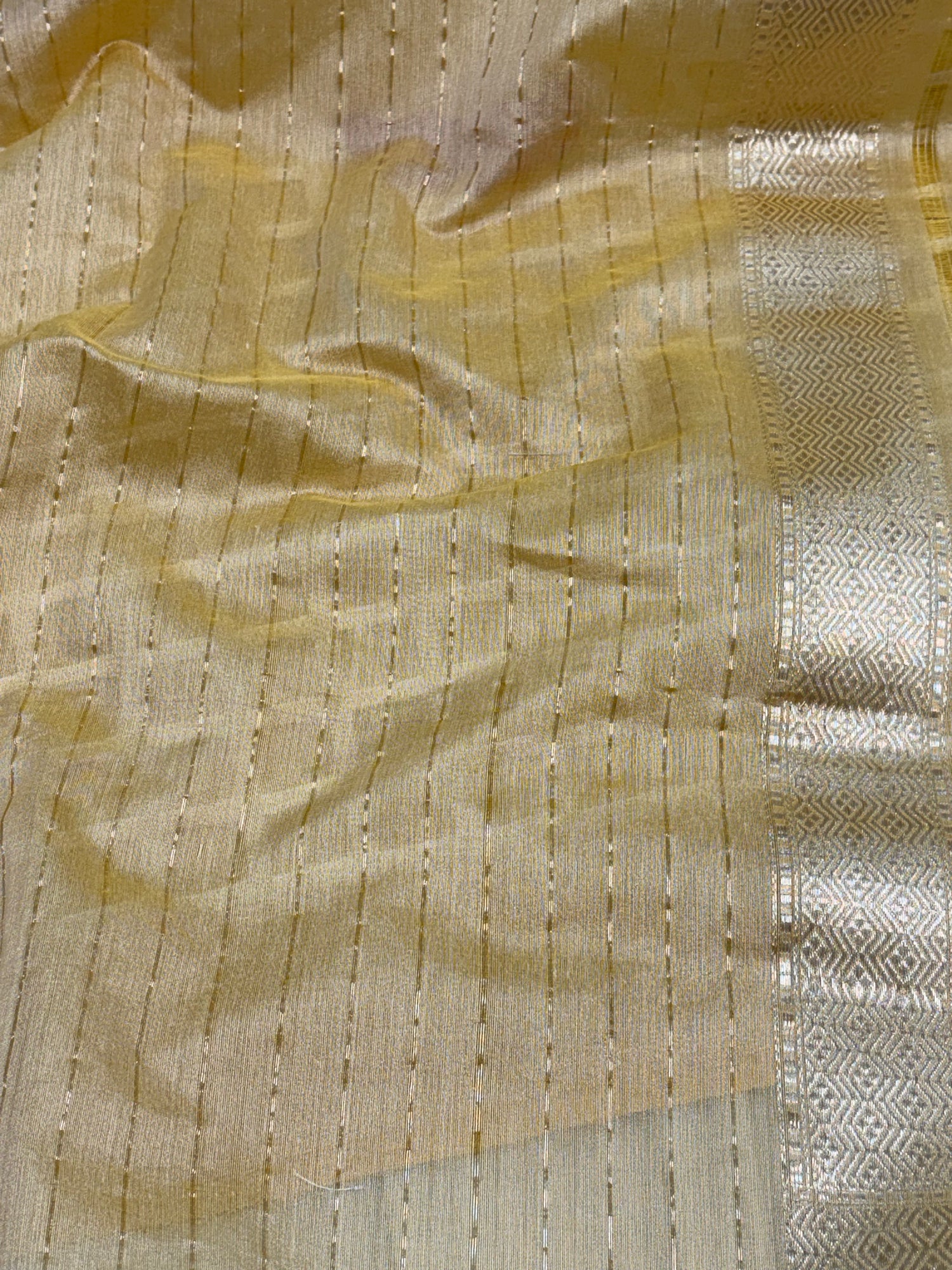 Ivory and Yellow Banarasi Pure Kora Silk Saree in Iktara Weaving