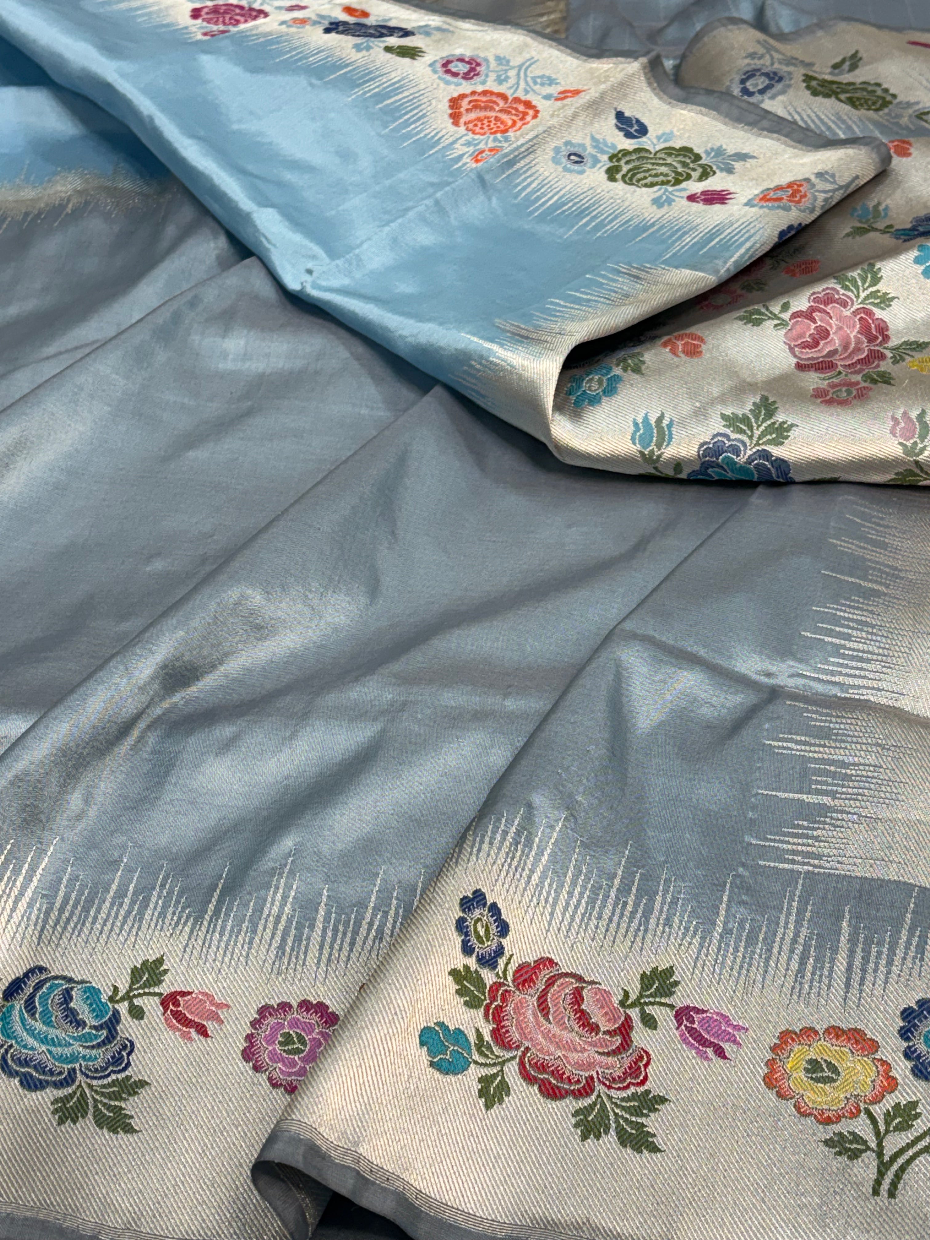 Greyish Sky Blue Banarasi Handwoven Pure Katan Silk Saree