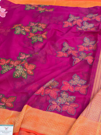 Rani Pink Pure Banarasi Kora Jamdani Saree