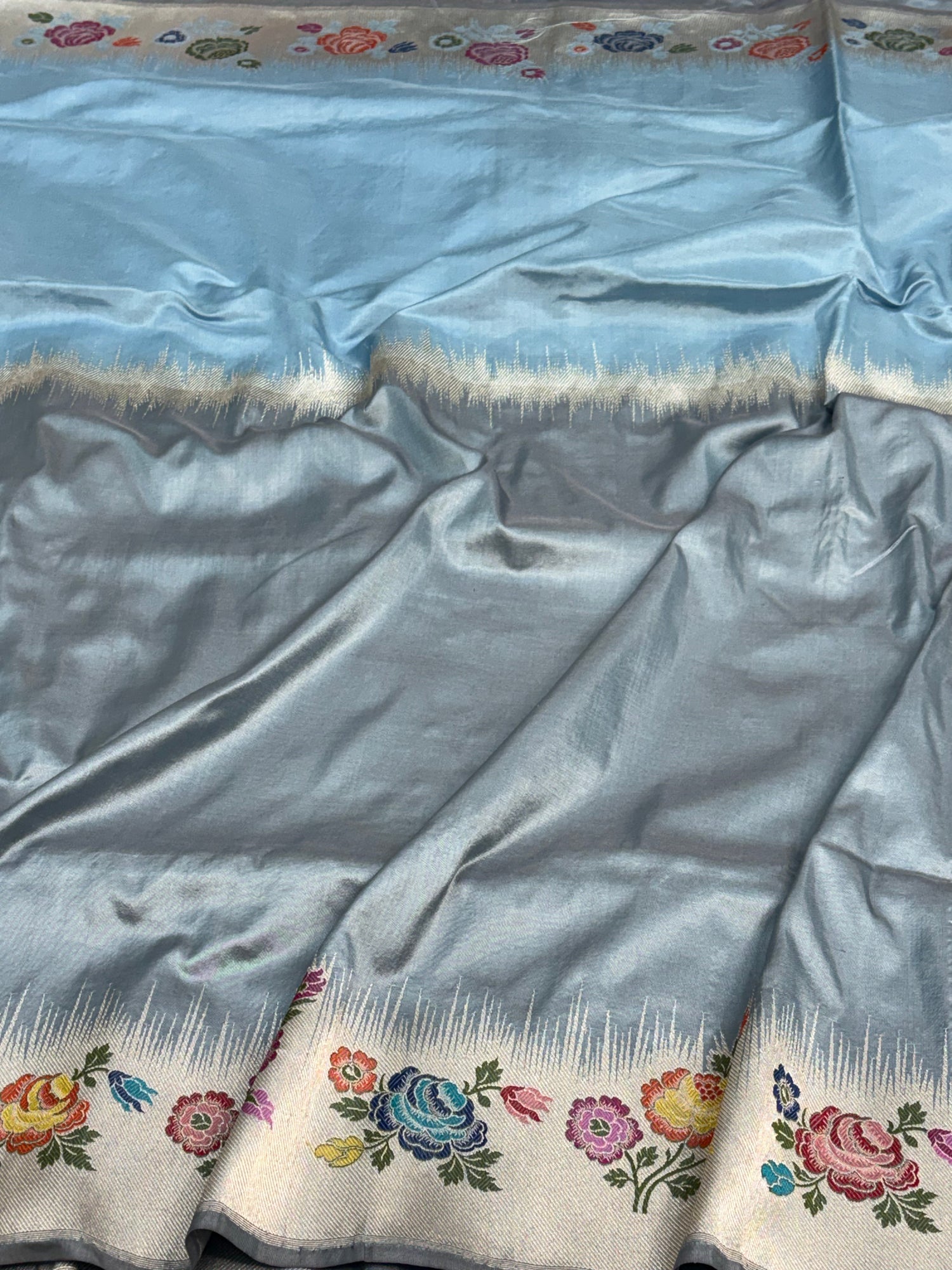 Greyish Sky Blue Banarasi Handwoven Pure Katan Silk Saree