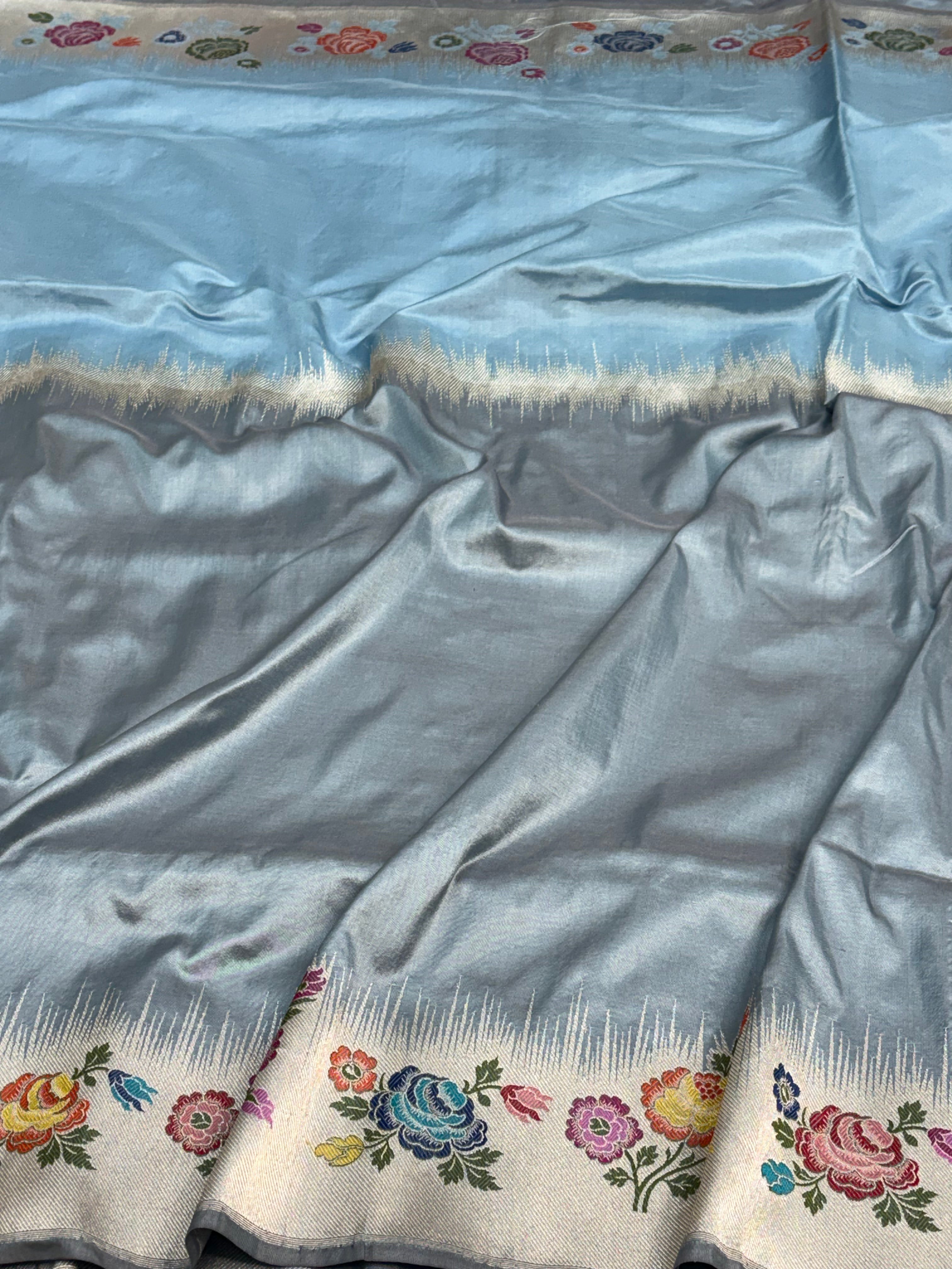 Greyish Sky Blue Banarasi Handwoven Pure Katan Silk Saree