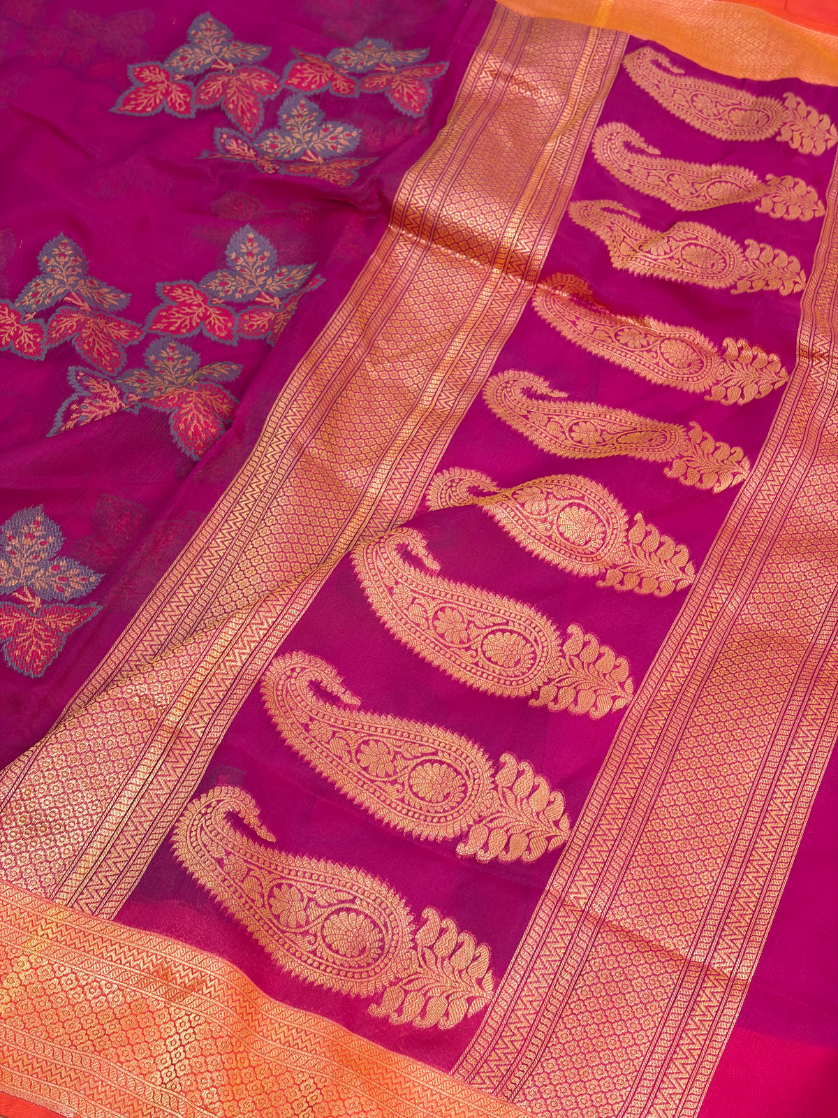 Rani Pink Pure Banarasi Kora Jamdani Saree