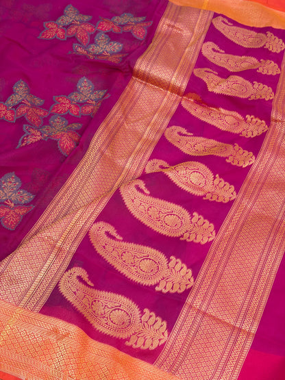 Rani Pink Pure Banarasi Kora Jamdani Saree