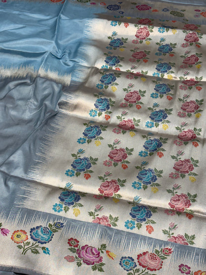 Greyish Sky Blue Banarasi Handwoven Pure Katan Silk Saree