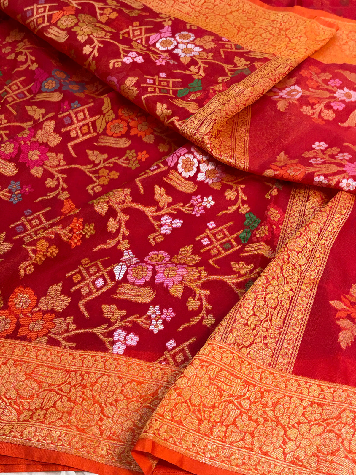 Red Pure Banarasi Kora Jamdani Saree