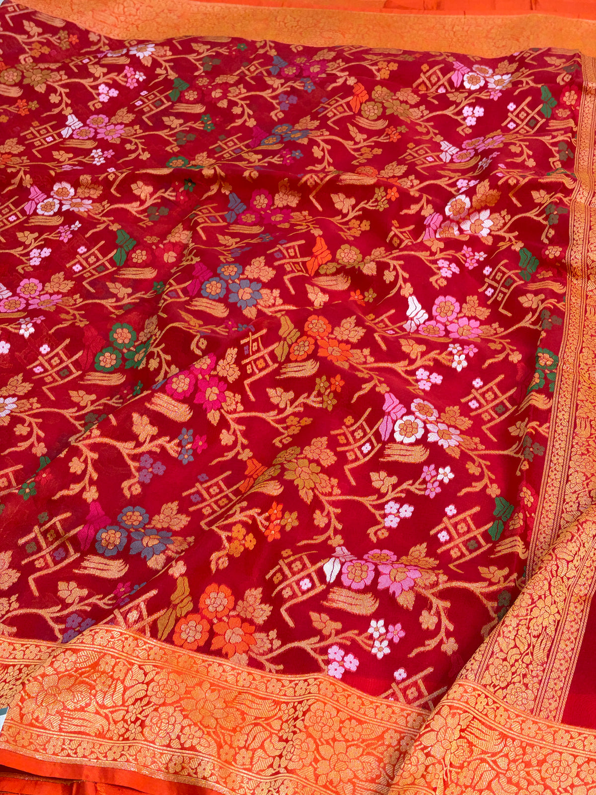 Red Pure Banarasi Kora Jamdani Saree
