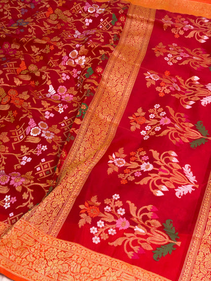 Red Pure Banarasi Kora Jamdani Saree