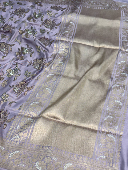 Lavender Banarasi Pure Katan Silk Iktara Meenakari Jaal Weaving Saree