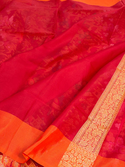 Red Pure Banarasi Kora Jamdani Saree