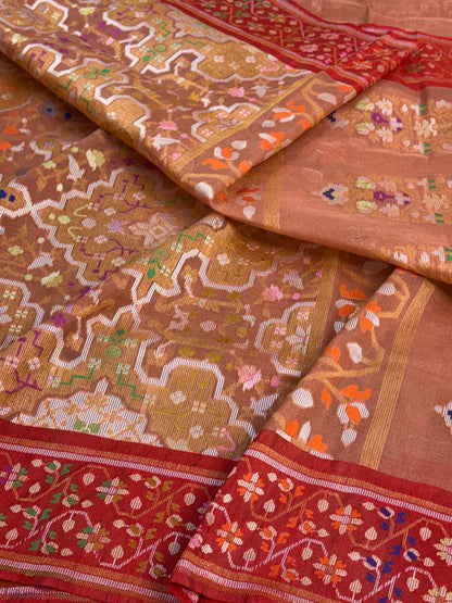 Light Peach Pure Banarasi Kora Jamdani Saree