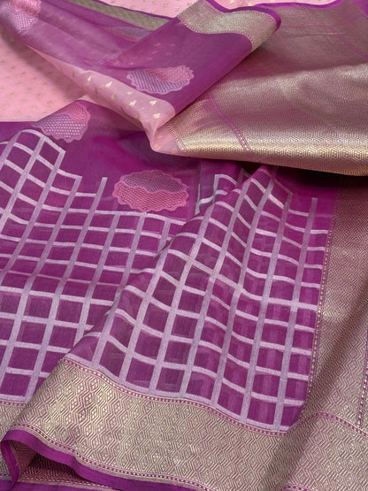 Baby Pink Banarasi Pure Kora Silk Saree with Pink Border
