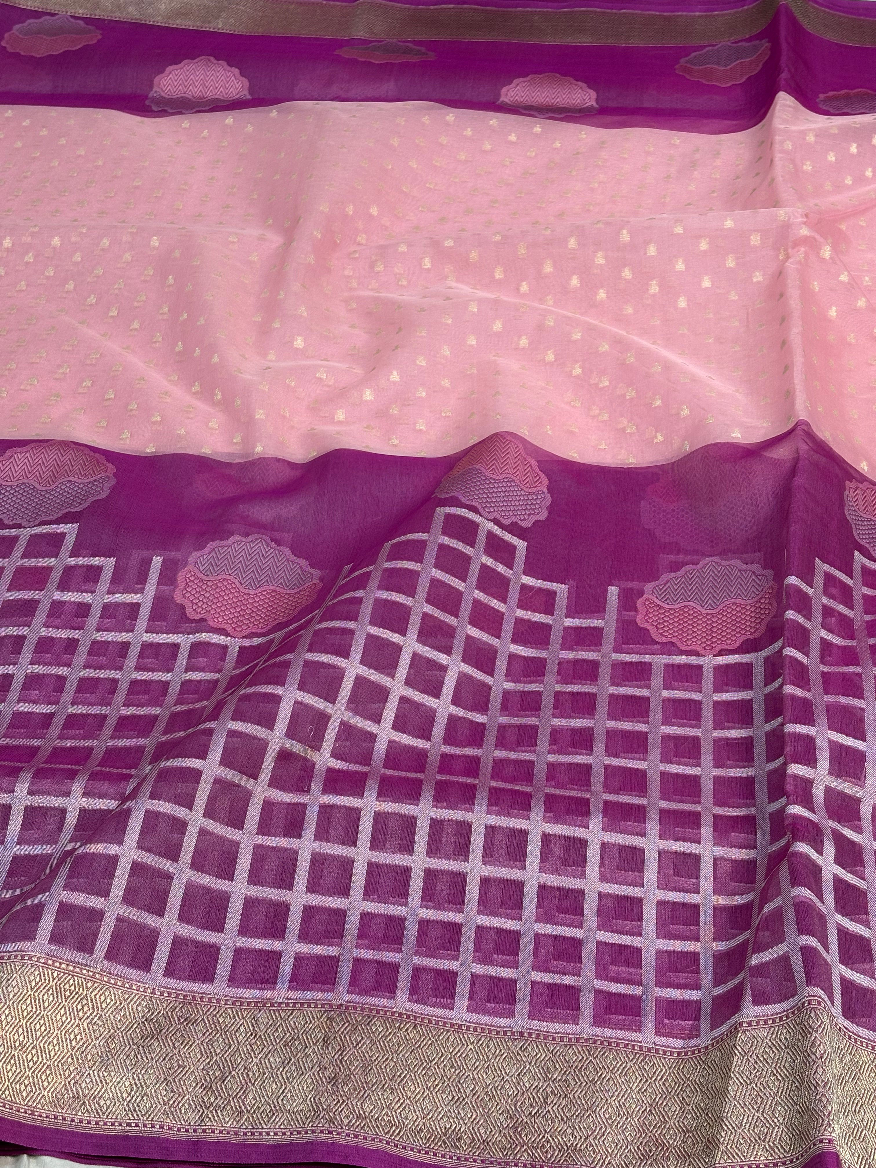 Baby Pink Banarasi Pure Kora Silk Saree with Pink Border