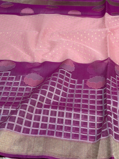 Baby Pink Banarasi Pure Kora Silk Saree with Pink Border