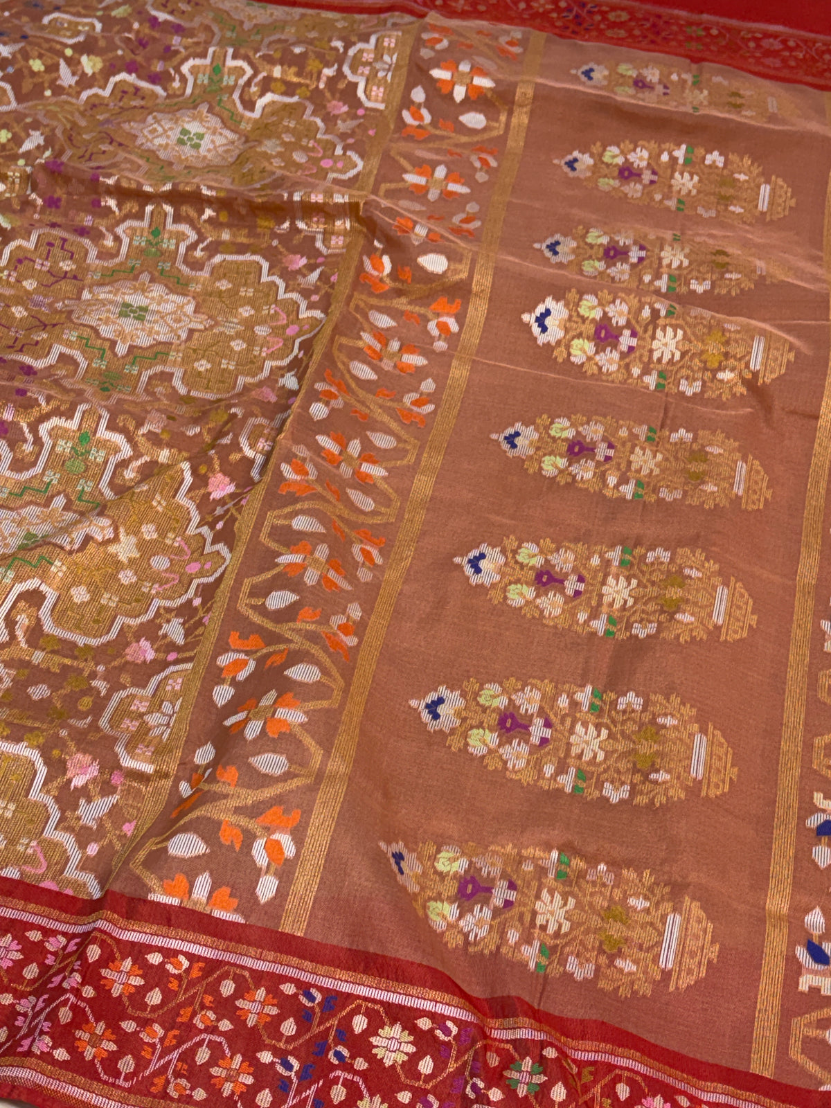 Light Peach Pure Banarasi Kora Jamdani Saree