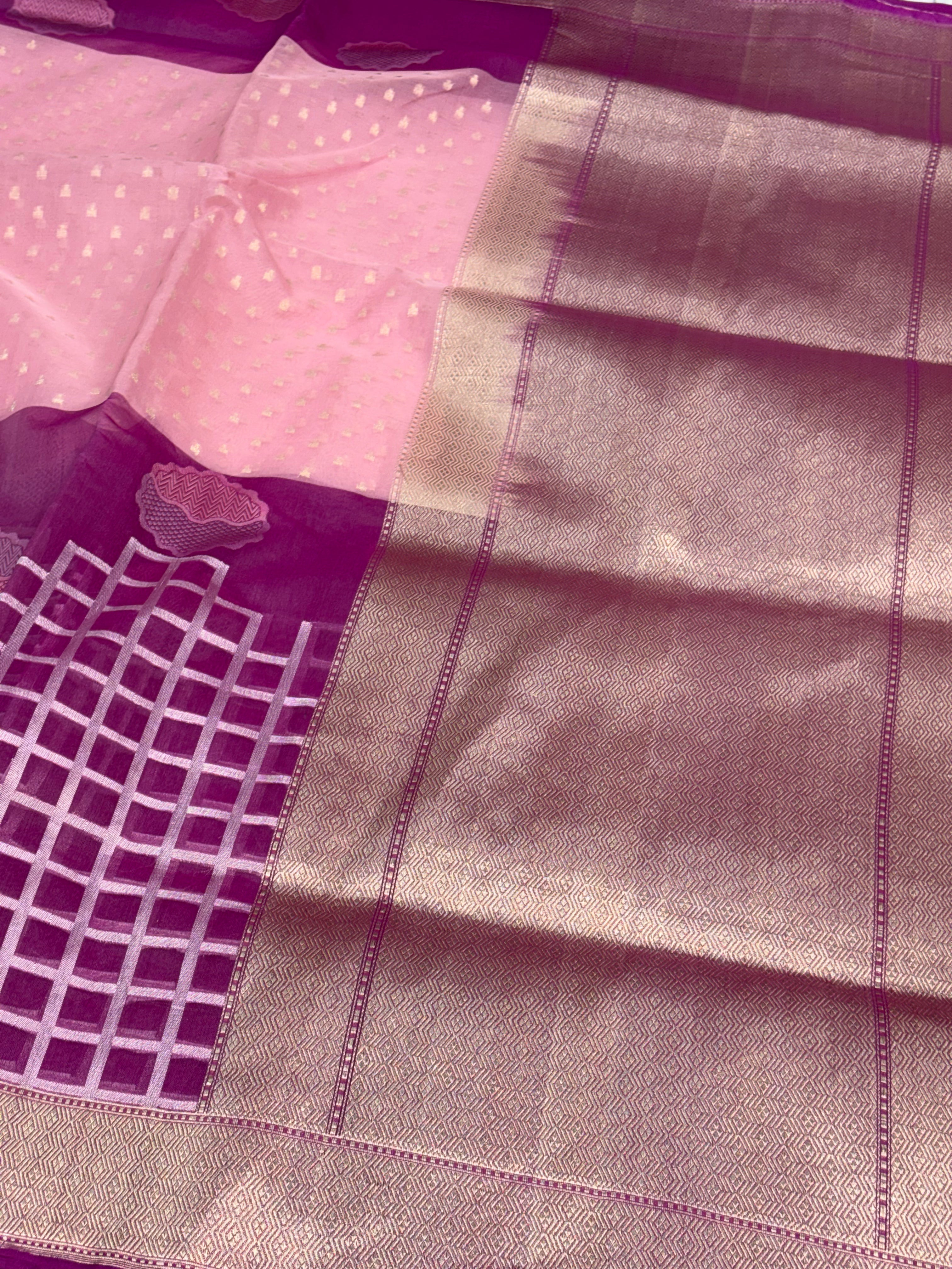 Baby Pink Banarasi Pure Kora Silk Saree with Pink Border