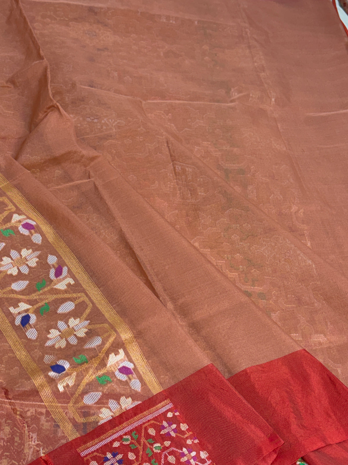 Light Peach Pure Banarasi Kora Jamdani Saree