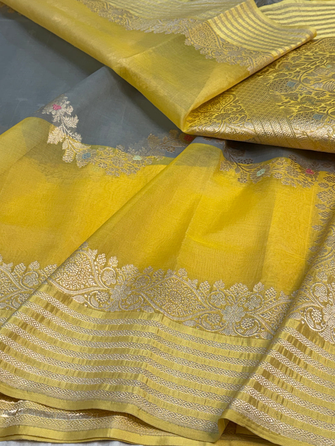 Grey and Yellow Designer Banarasi Pure Kora Silk Saree