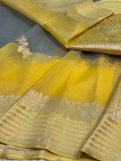 Grey and Yellow Designer Banarasi Pure Kora Silk Saree