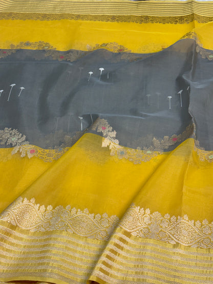 Grey and Yellow Designer Banarasi Pure Kora Silk Saree