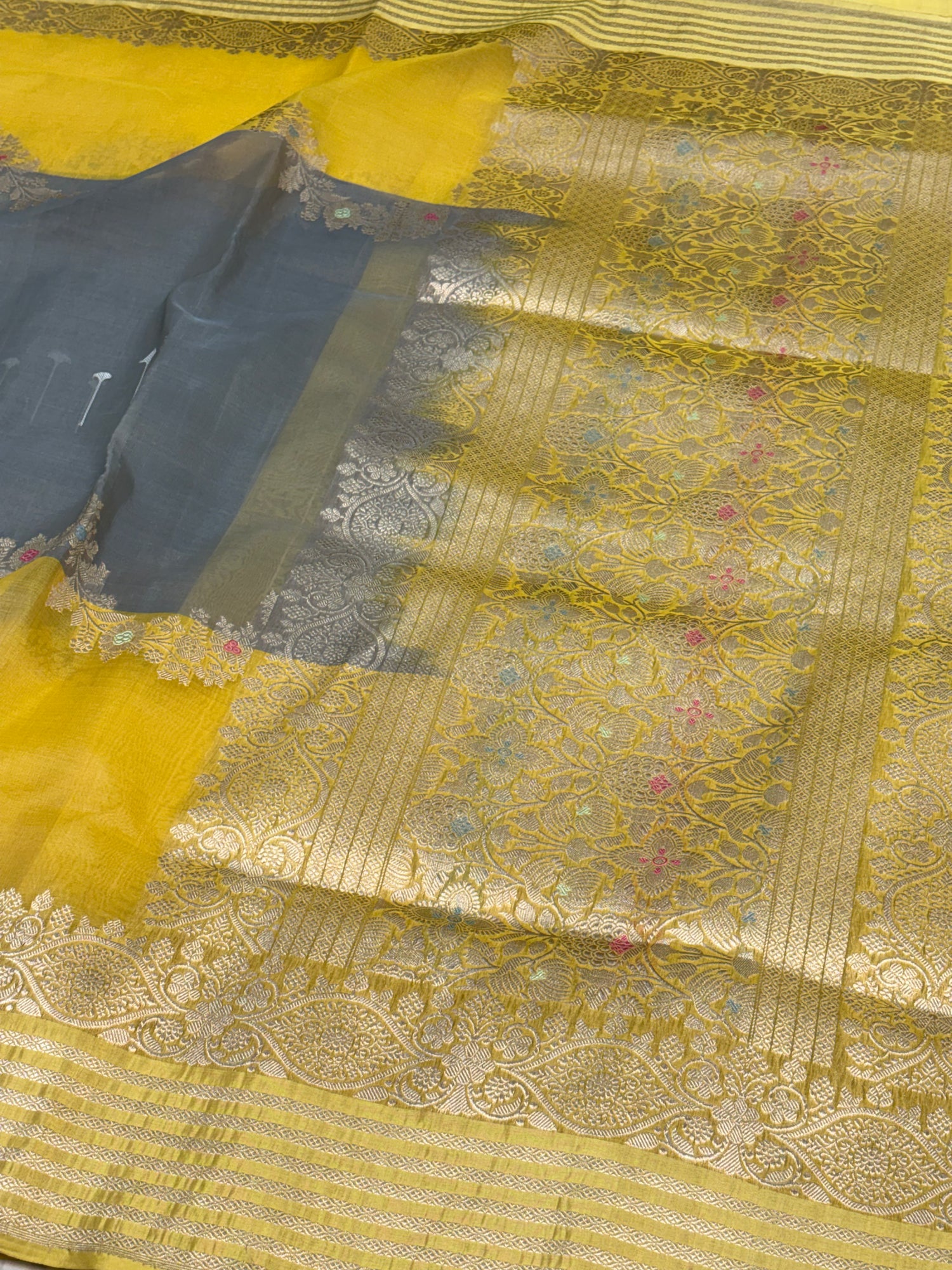 Grey and Yellow Designer Banarasi Pure Kora Silk Saree