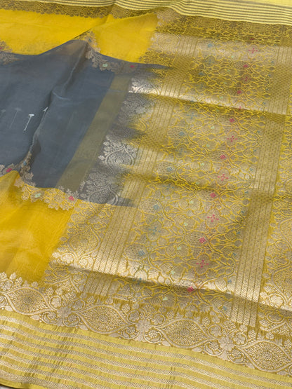 Grey and Yellow Designer Banarasi Pure Kora Silk Saree