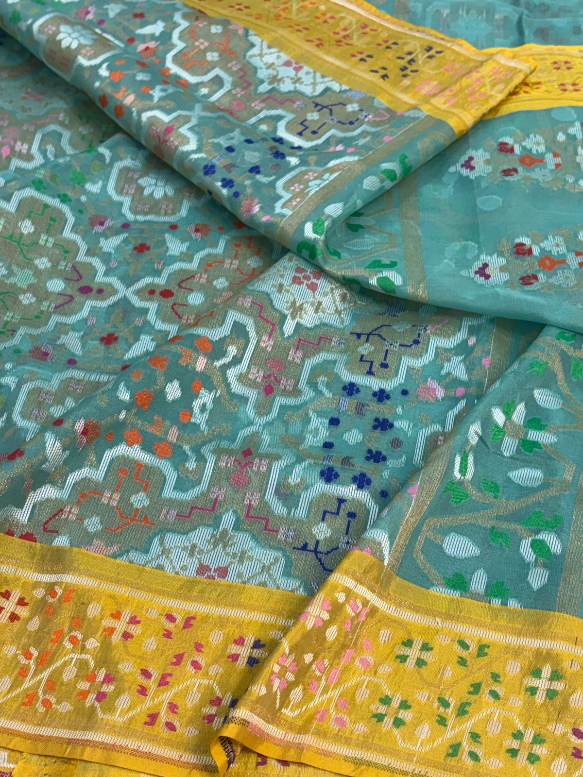 Sea Green Pure Banarasi Kora Jamdani Saree