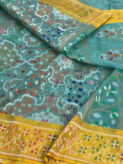 Sea Green Pure Banarasi Kora Jamdani Saree