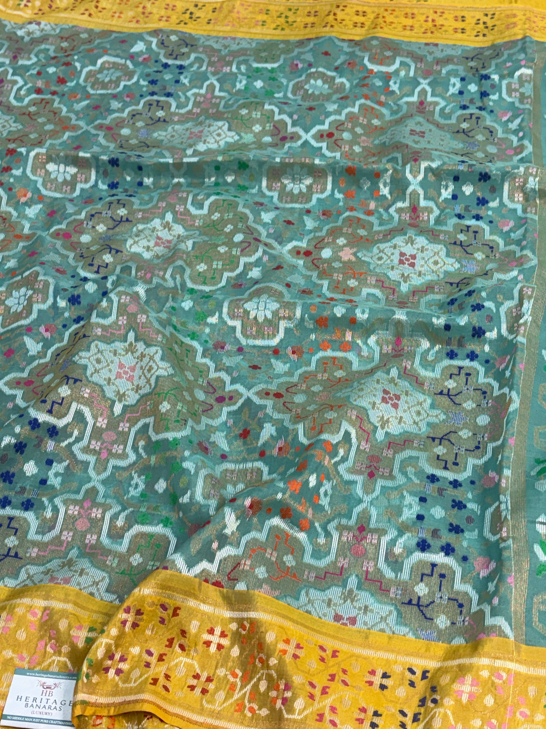 Sea Green Pure Banarasi Kora Jamdani Saree