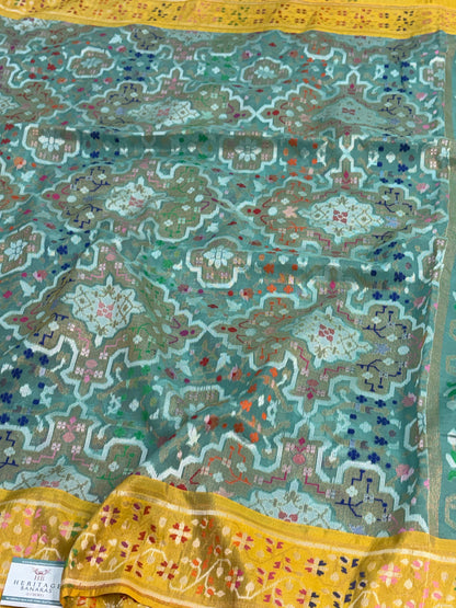 Sea Green Pure Banarasi Kora Jamdani Saree