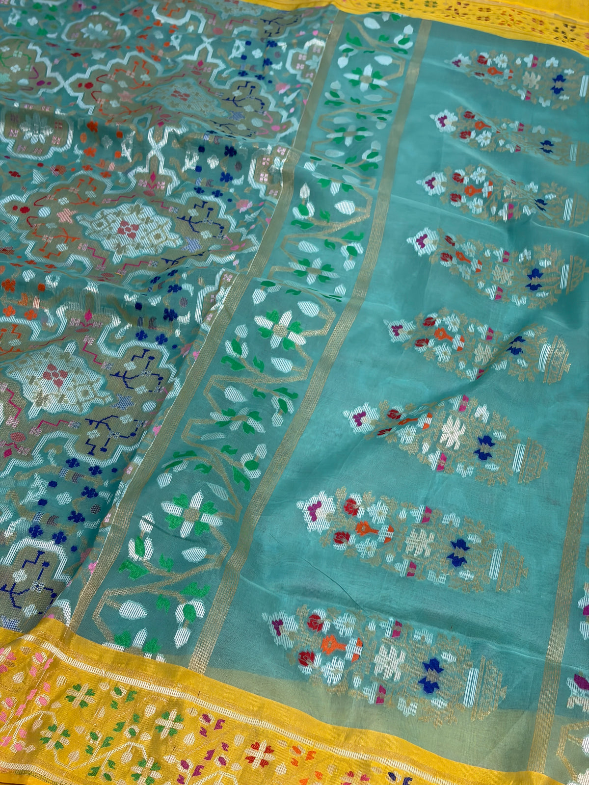 Sea Green Pure Banarasi Kora Jamdani Saree