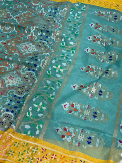 Sea Green Pure Banarasi Kora Jamdani Saree
