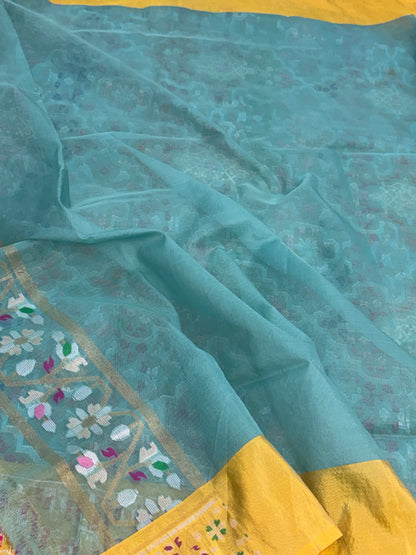 Sea Green Pure Banarasi Kora Jamdani Saree